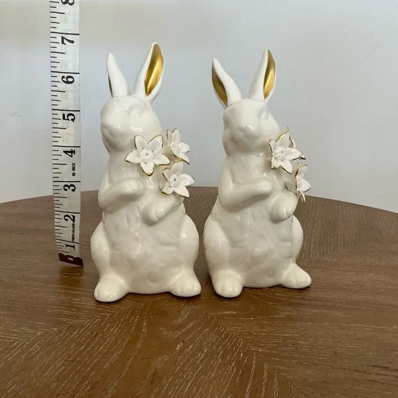 Ceramic Bunny Figurine Pair with Gold Ears & Flowers | Spring Decor - Picture 4 of 4